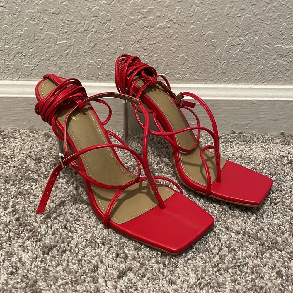 EGO True Square Toe Lace Up Clear Perspex Heel In Red Faux Leather SIZE 9